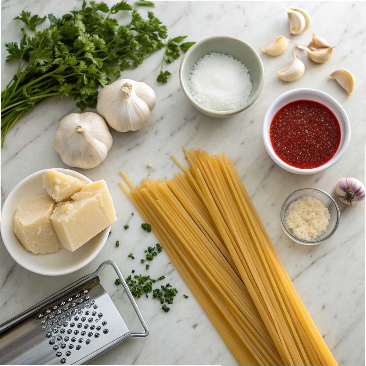 Ingredients for Creamy Garlic Pasta including spaghetti, fresh garlic, heavy cream, and Parmesan cheese laid out on a marble countertop