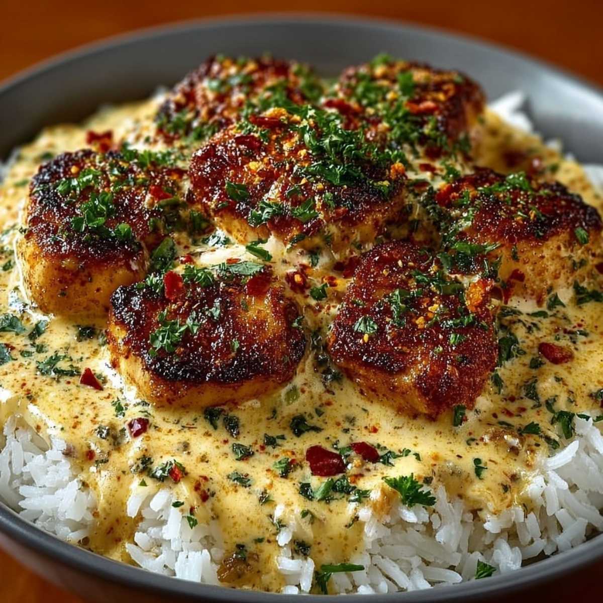 Close-up of Creamy Smothered Chicken And Rice showing golden seared chicken and creamy sauce over white rice, garnished with parsley and red pepper flakes