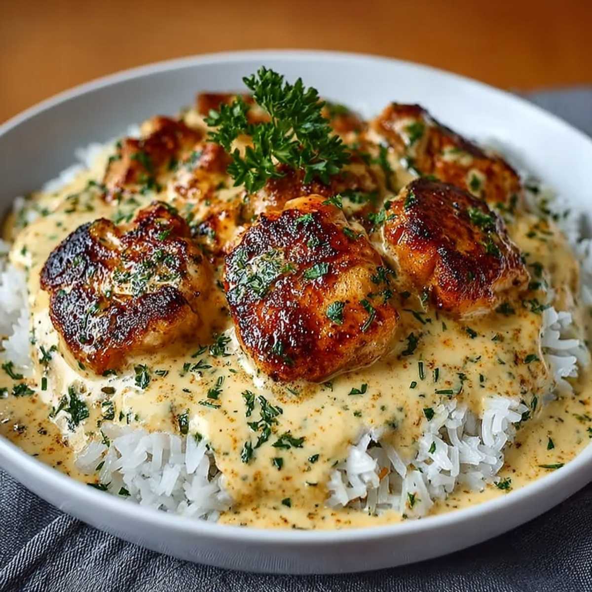 Creamy Smothered Chicken And Rice in a white bowl on a gray linen, showcasing golden seared chicken and creamy sauce