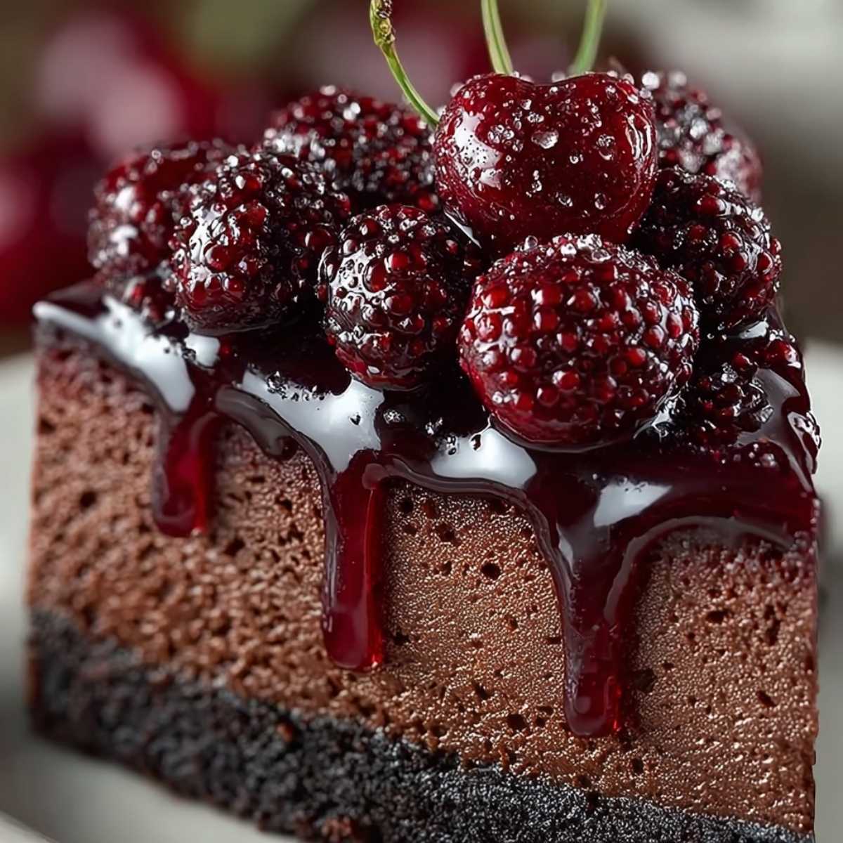 Close-up of Dark Chocolate Cherry Cheesecake showing its creamy texture and deep brown color, topped with glistening cherries on a white plate.