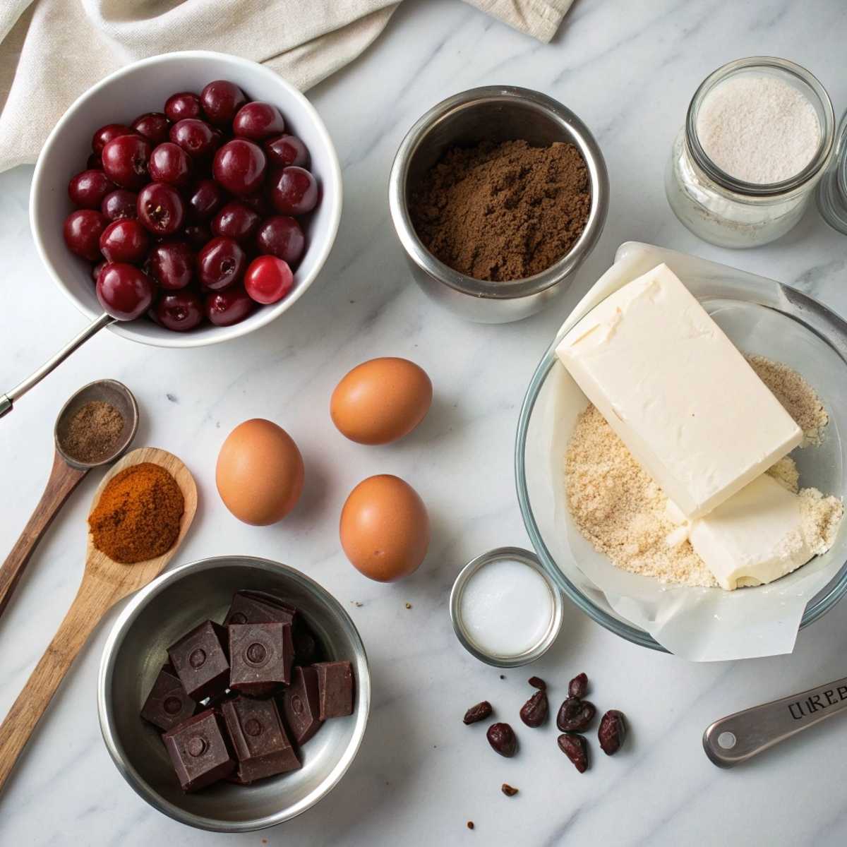 Fresh ingredients for Dark Chocolate Cherry Cheesecake including dark chocolate, cream cheese, and fresh cherries arranged on a modern marble surface