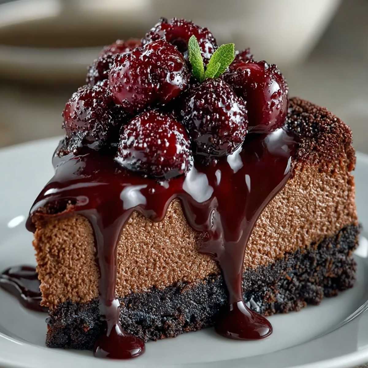 Dark Chocolate Cherry Cheesecake slice on a modern plate, showcasing its rich chocolate layers, dark cookie crust, and glistening cherry topping with a mint garnish.