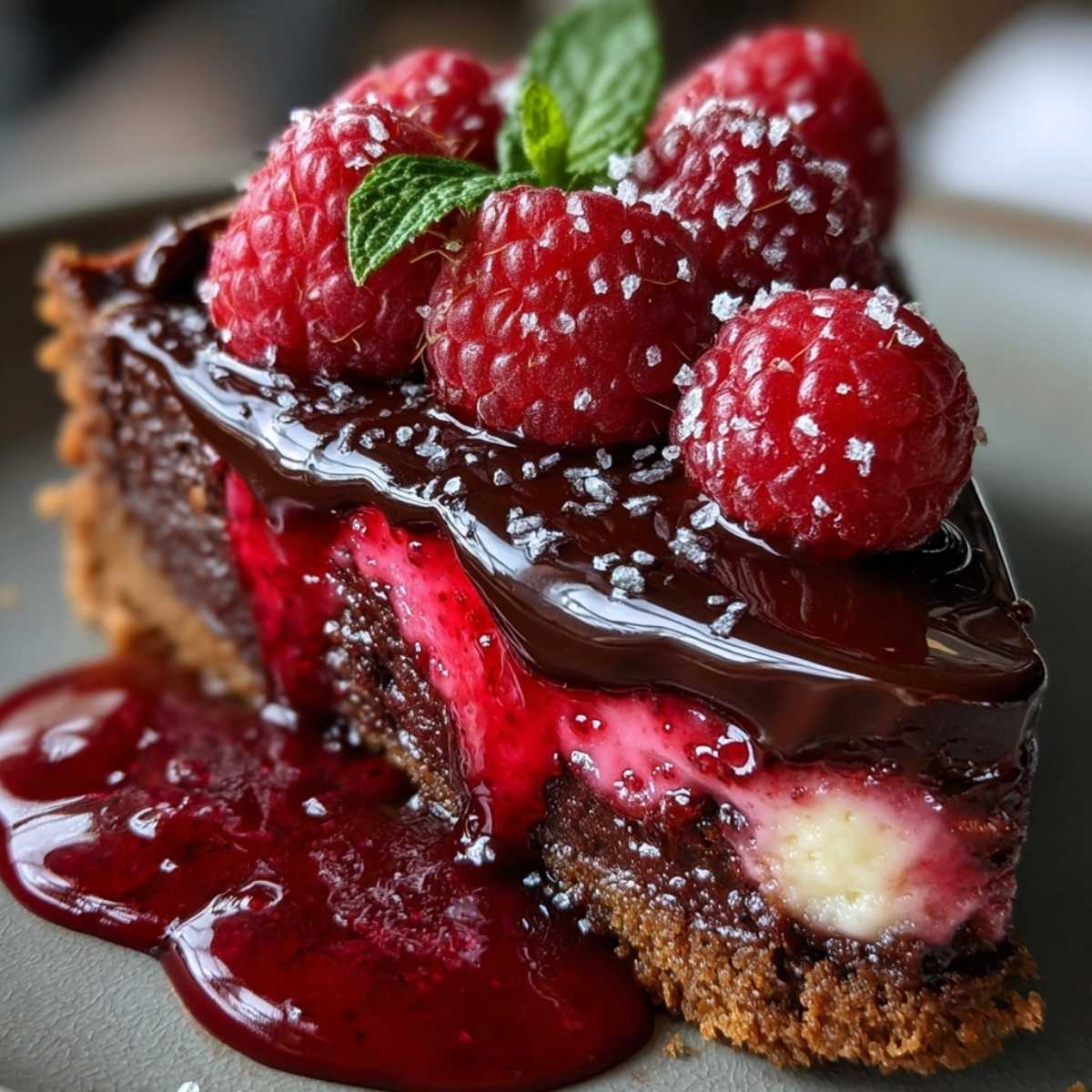 Close-up of Dark Chocolate Raspberry Cheesecake showing a creamy filling and rich raspberry swirl, garnished with fresh raspberries.