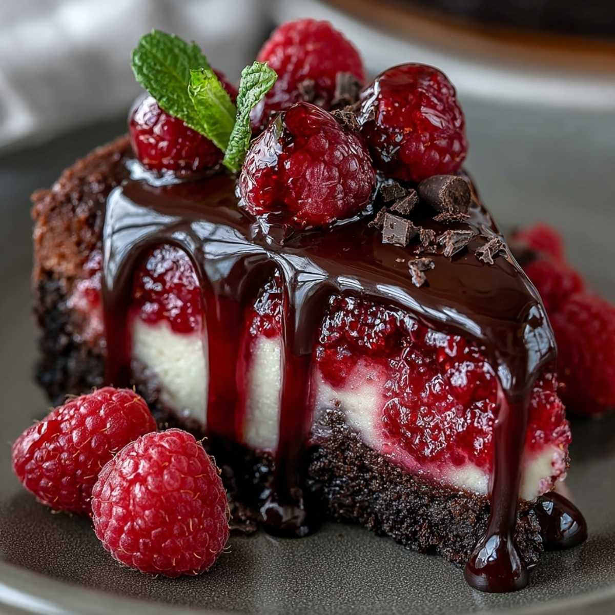 A slice of Dark Chocolate Raspberry Cheesecake on a dark plate, showcasing its glossy ganache drip over fresh raspberries.