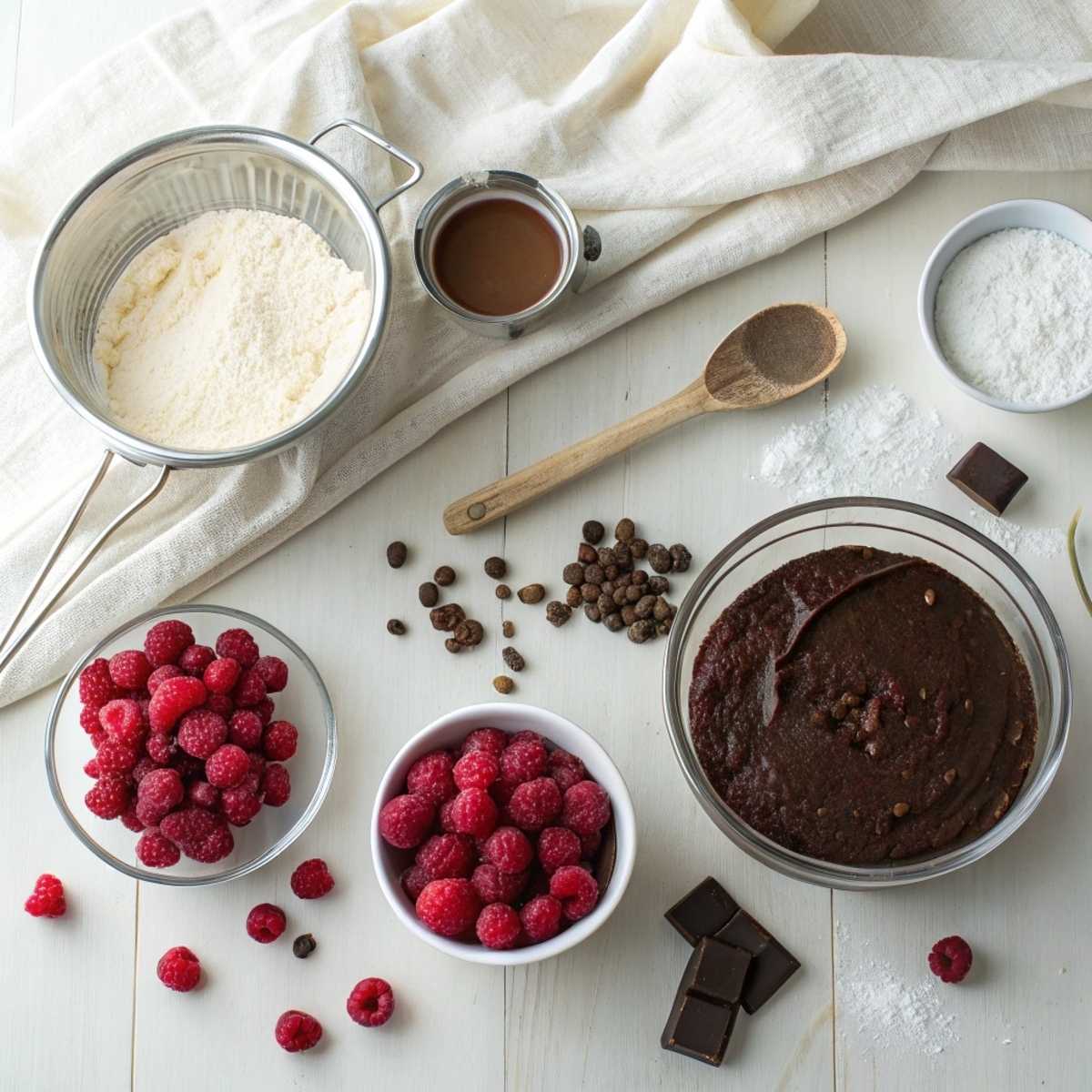 Fresh ingredients for Dark Chocolate Raspberry Cheesecake including cream cheese, dark chocolate, and raspberries on a marble surface