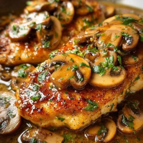 Close-up of Easy Chicken Marsala showing its golden seared texture and rich brown mushroom sauce, garnished with fresh parsley