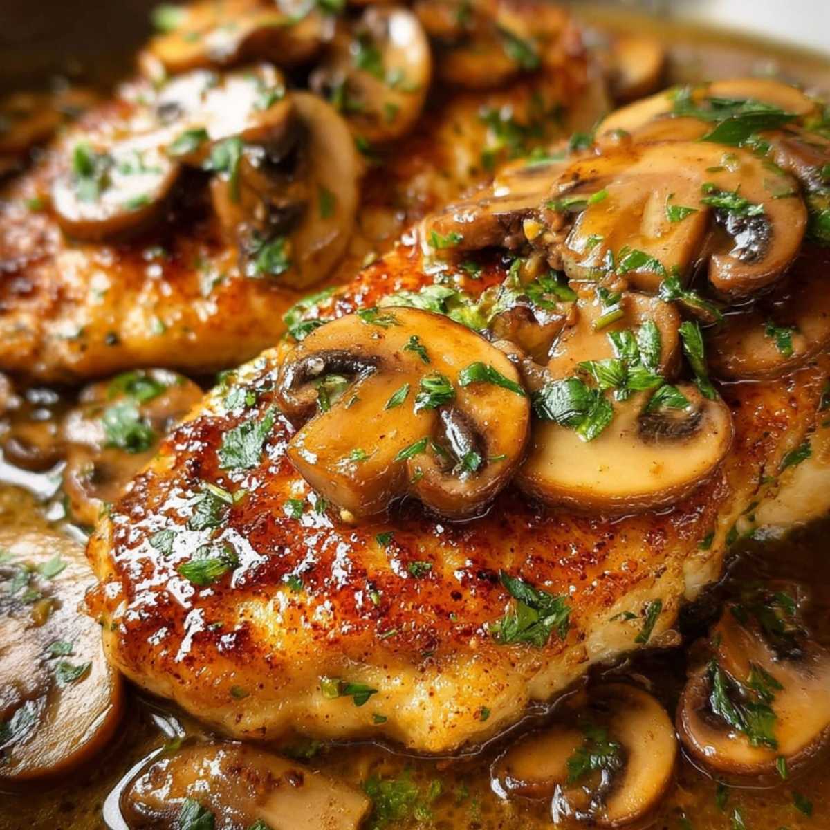 Close-up of Easy Chicken Marsala showing its golden seared texture and rich brown mushroom sauce, garnished with fresh parsley