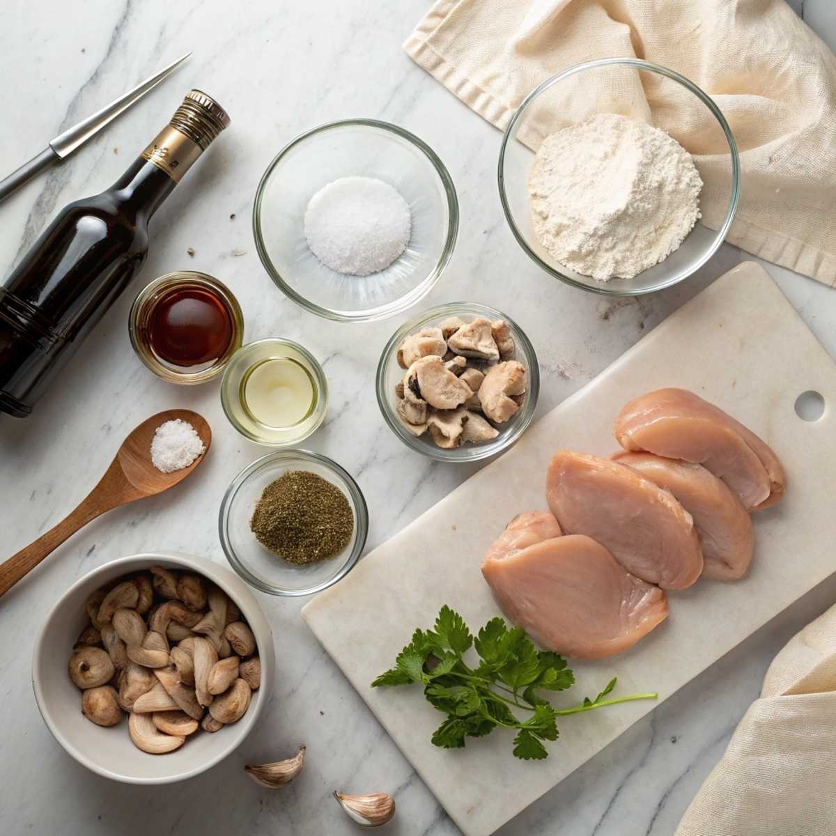Fresh ingredients for Easy Chicken Marsala including chicken breasts, mushrooms, dry marsala wine, and fresh thyme arranged on a modern marble surface