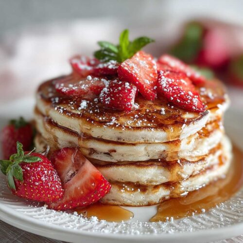 Close-up of strawberry pancakes showing a fluffy, golden stack garnished with fresh strawberries, whipped cream, and mint on a white plate.