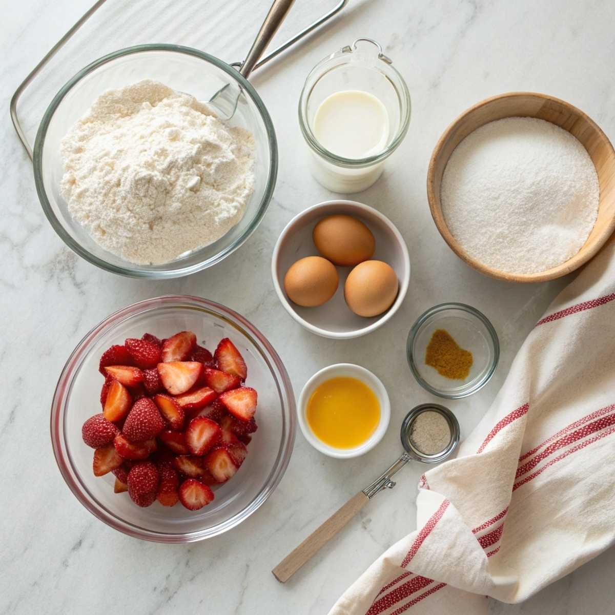 Fresh ingredients for strawberry pancakes including fresh strawberries, flour, buttermilk, and eggs arranged on a modern marble surface.