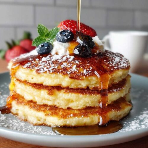Close-up of fluffy almond flour pancakes showing their thick texture and golden edges, garnished with fresh berries on a grey plate.