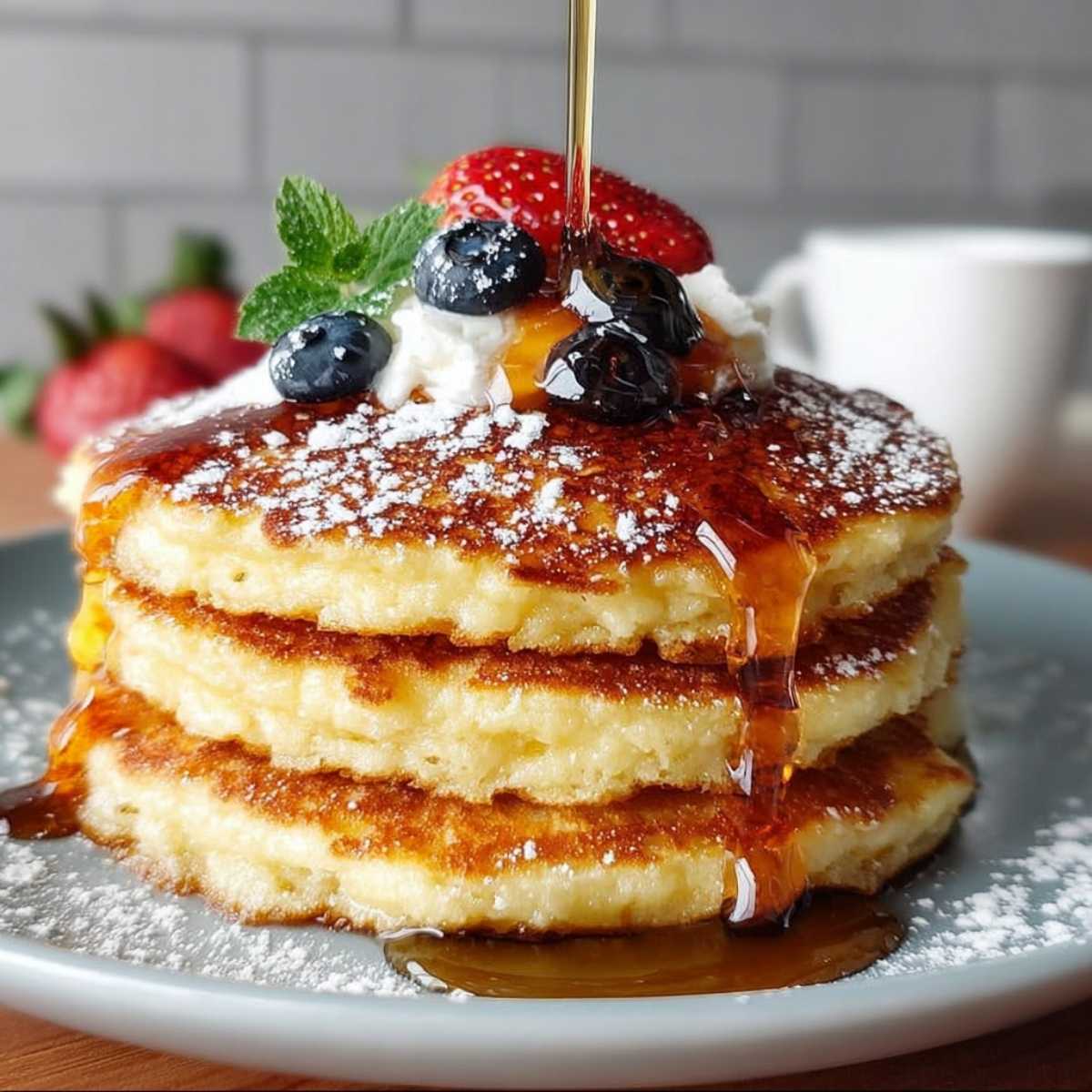 Close-up of fluffy almond flour pancakes showing their thick texture and golden edges, garnished with fresh berries on a grey plate.