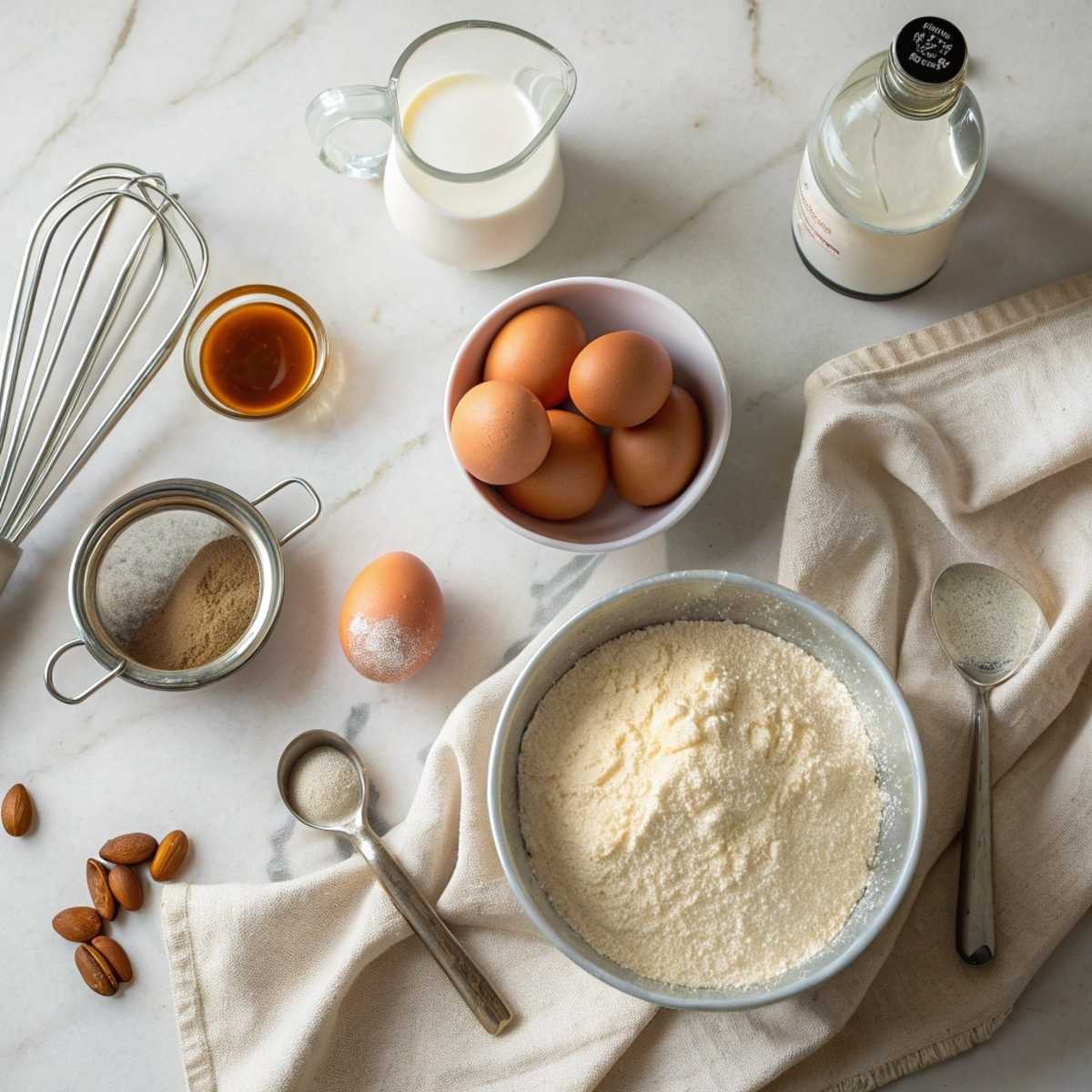 Fresh ingredients for almond flour pancakes including superfine almond flour, eggs, and almond milk arranged on a modern marble surface.