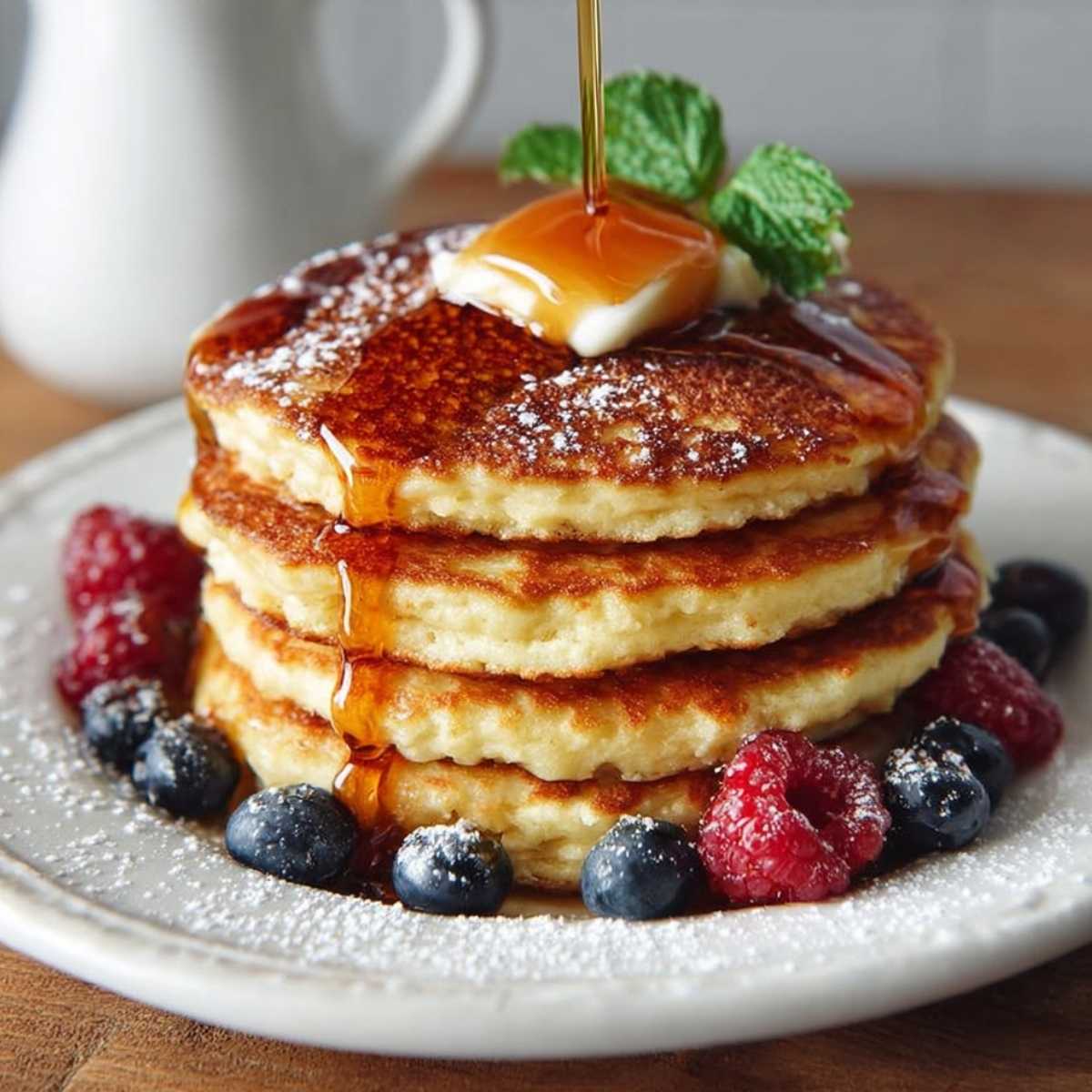 A tall stack of fluffy almond flour pancakes on a plate, topped with melting butter, maple syrup, and fresh blueberries