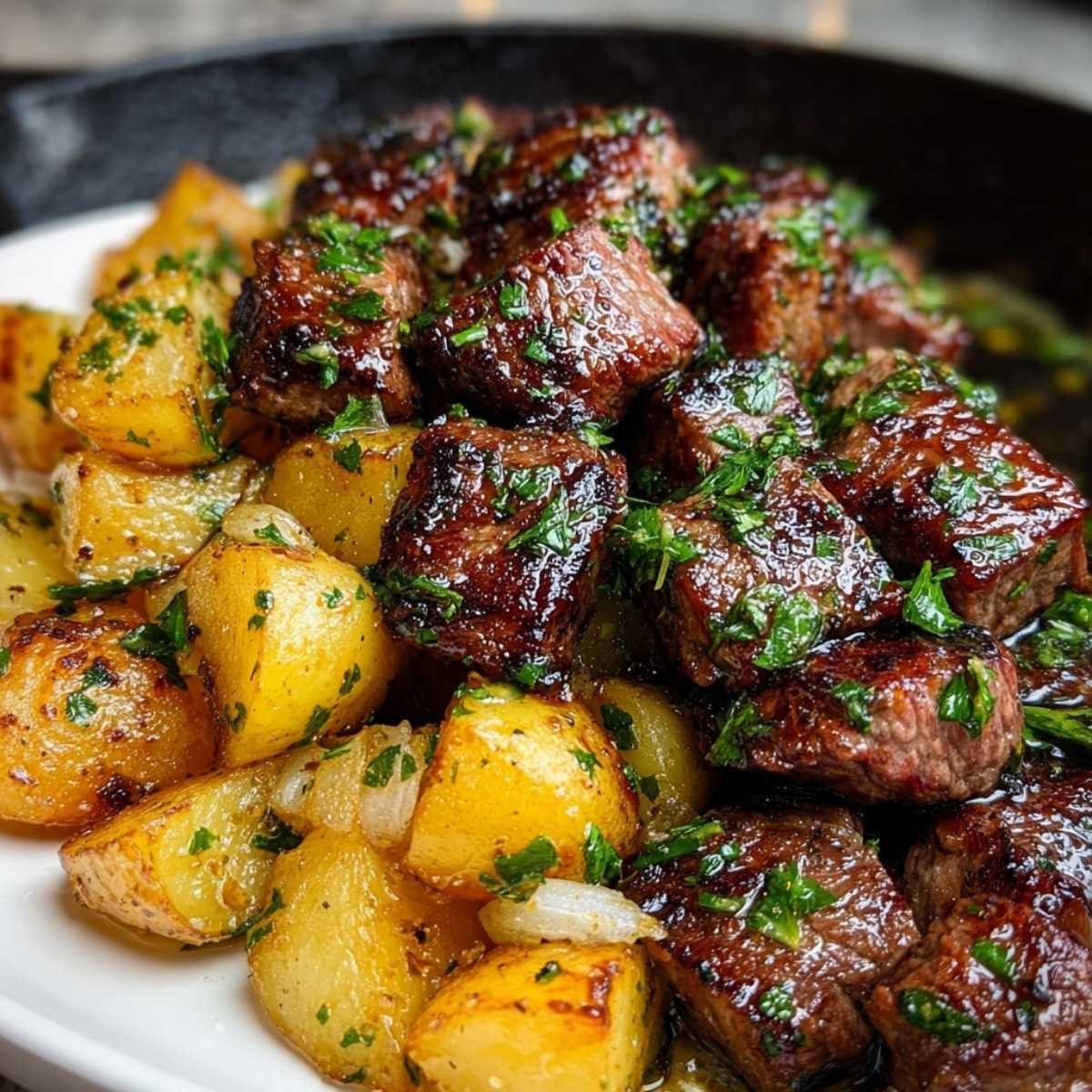 Close-up of Garlic Butter Steak Bites and Potatoes with a crispy sear on the steak and golden potatoes, garnished with fresh parsley.