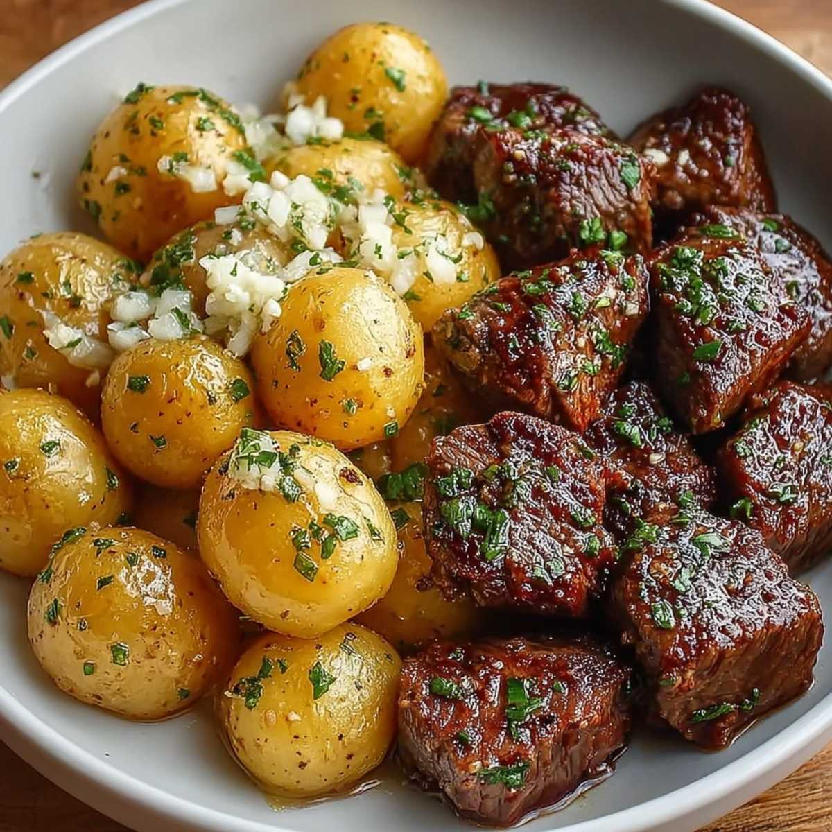 Garlic Butter Steak Bites and Potatoes in a white bowl, showcasing juicy, seared steak and golden potatoes with fresh parsley.