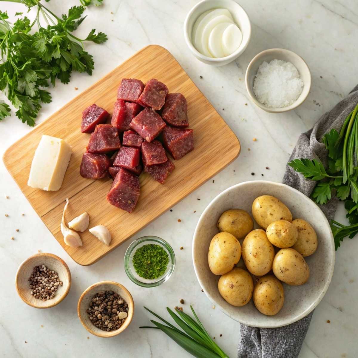 Fresh ingredients for Garlic Butter Steak Bites and Potatoes: sirloin steak, baby potatoes, garlic, and butter on a marble counter.