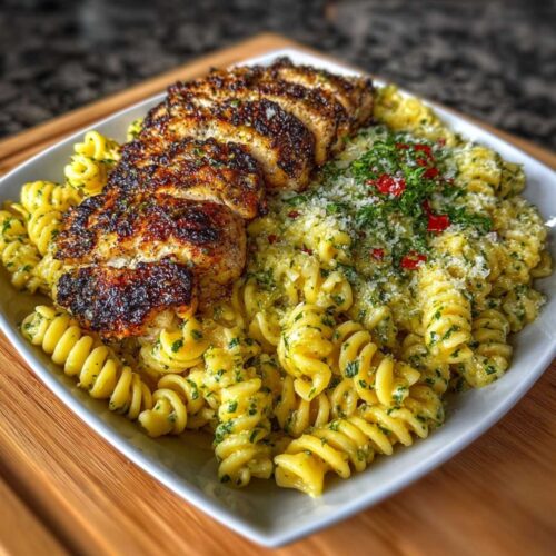 Close-up of Garlic Parmesan Chicken Pasta showing creamy pasta and sliced chicken, garnished with Parmesan and fresh parsley.