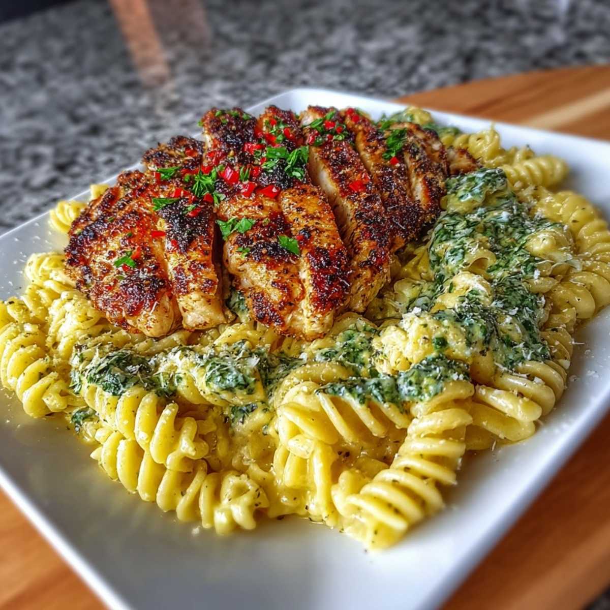 Garlic Parmesan Chicken Pasta on a white plate, showcasing creamy fusilli pasta and a sliced, seasoned chicken breast on top.