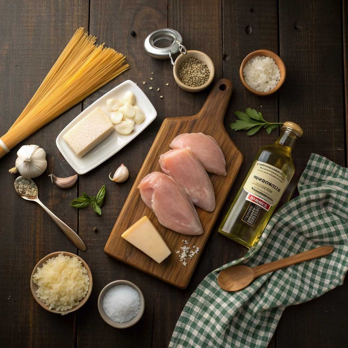 Ingredients for Garlic Parmesan Chicken Pasta including chicken breasts, Parmesan, and penne pasta on a dark wood tabletop.