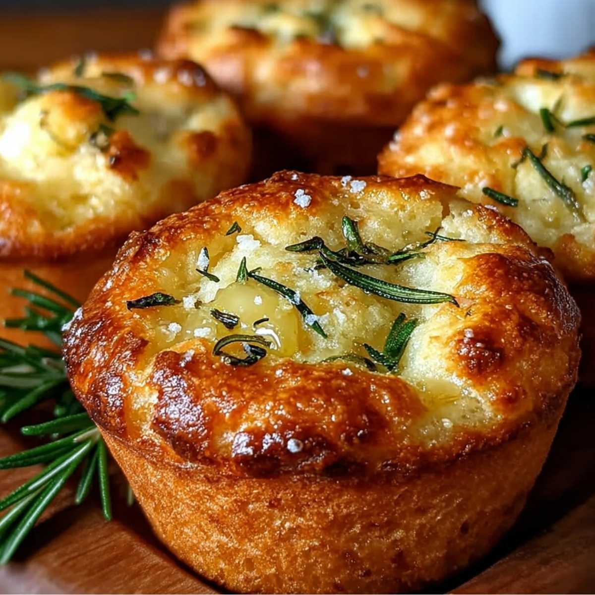 Close-up of a Garlic Rosemary Focaccia Muffin showing its golden top, garnished with fresh rosemary and coarse sea salt.