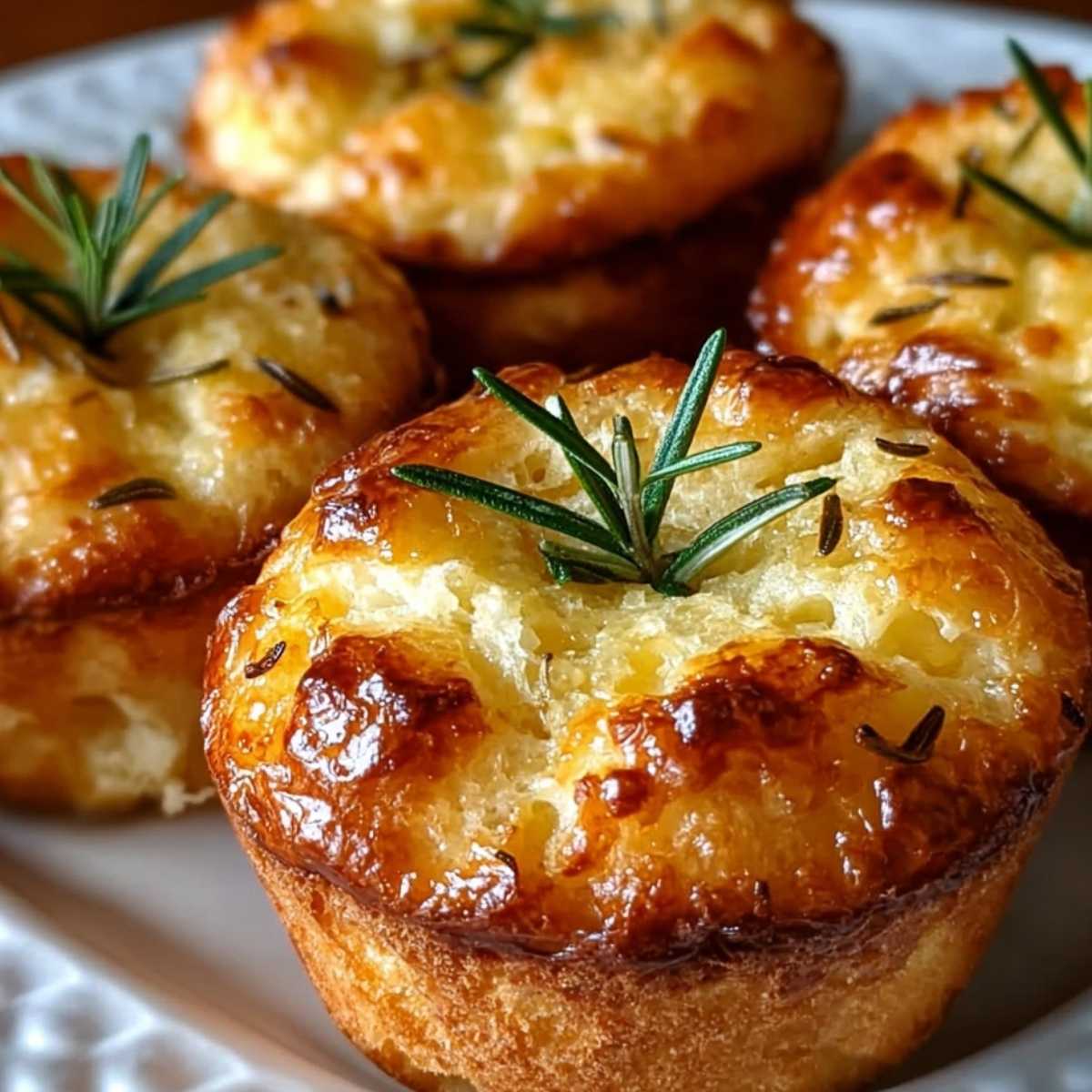 Golden-brown Garlic Rosemary Focaccia Muffins on a white plate, showcasing their crispy tops and fresh rosemary garnish.