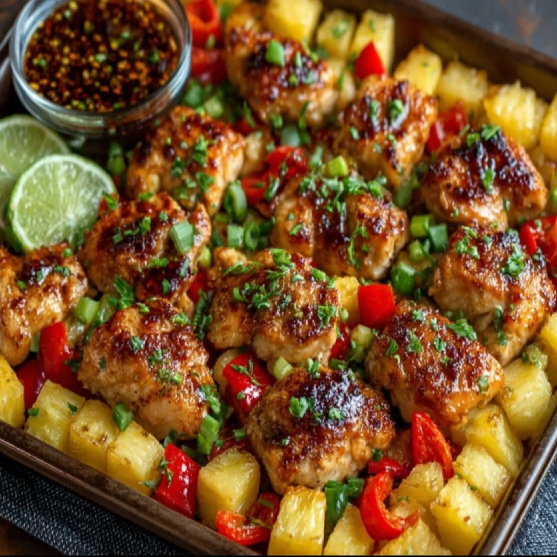 Hawaiian Chicken Sheet Pan with caramelized chicken, sweet pineapple, and vibrant bell peppers on a baking sheet, garnished with fresh cilantro.