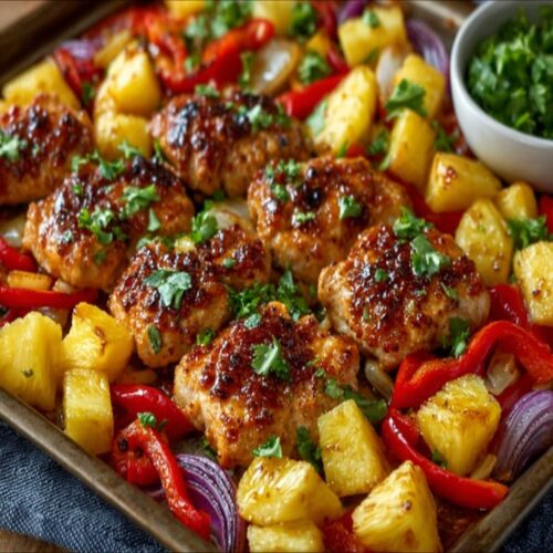 Close-up of Hawaiian Chicken Sheet Pan with golden-brown glazed chicken and pineapple, garnished with cilantro on a dark baking sheet