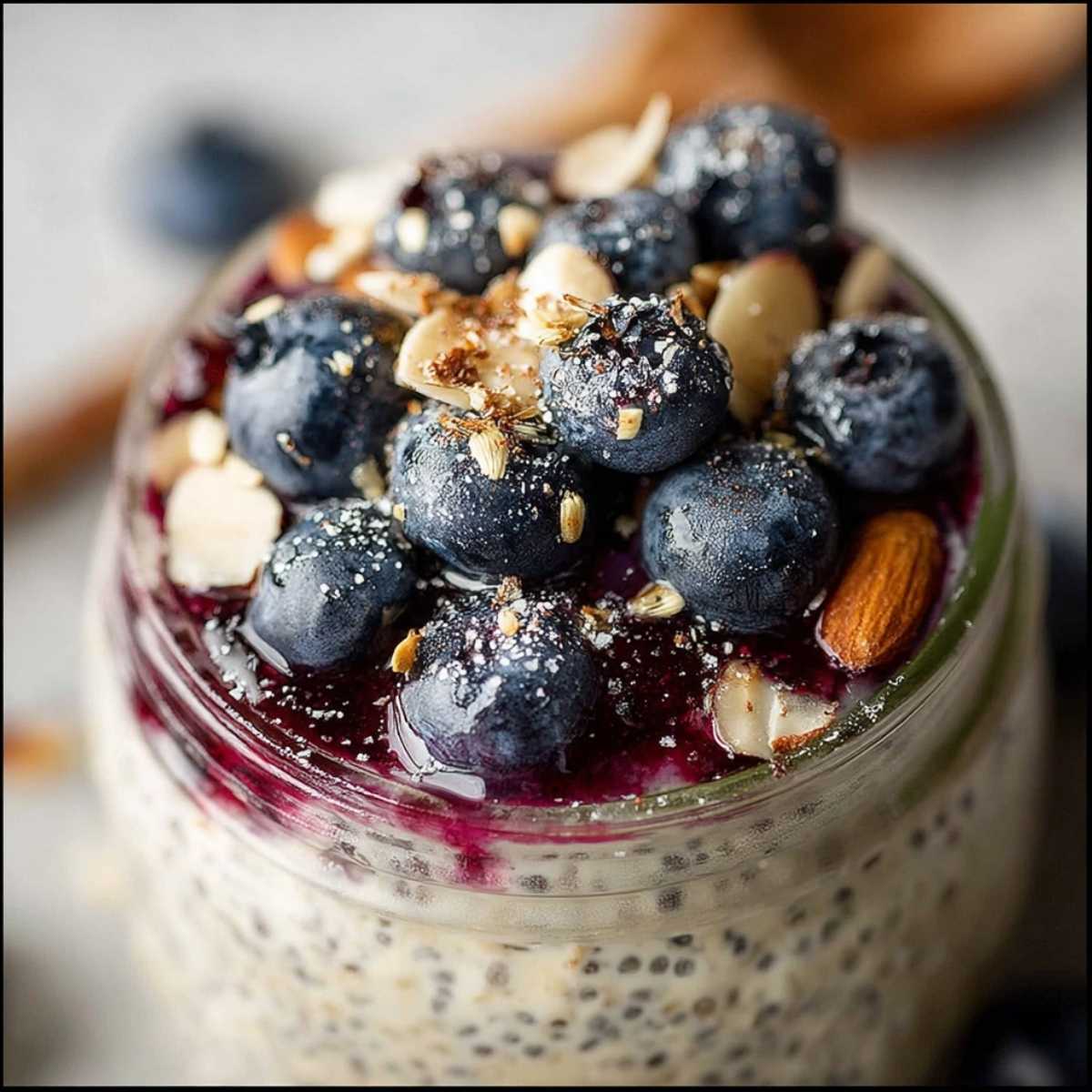 lose-up of healthy blueberry overnight oats showing the creamy texture of chia seeds, garnished with juicy whole blueberries and sliced almonds.