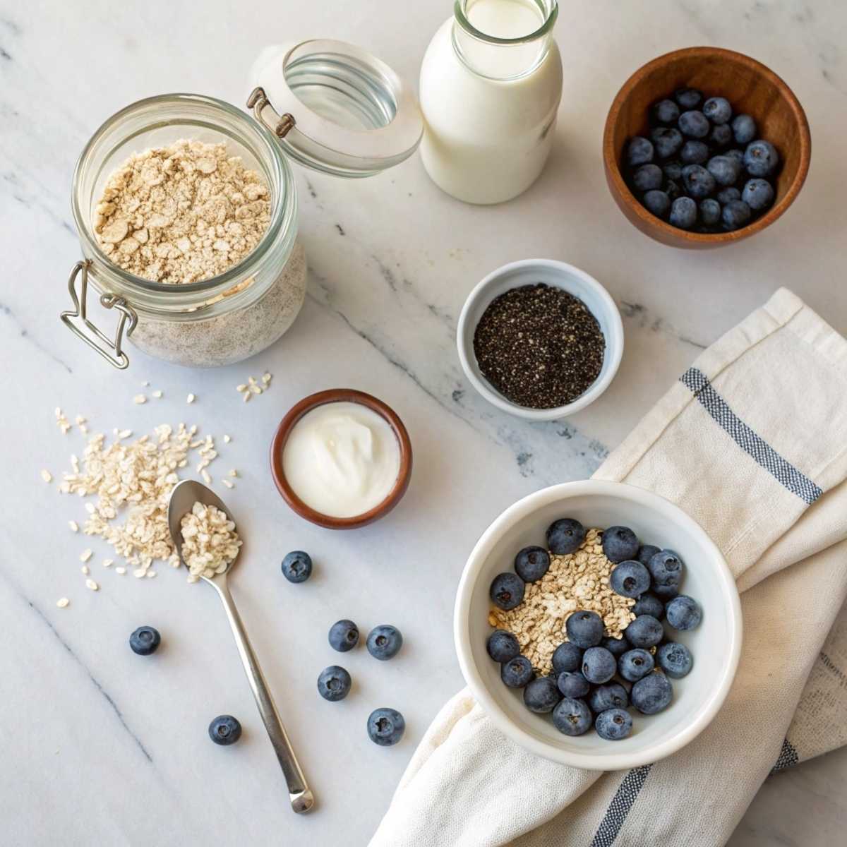 Fresh ingredients for healthy blueberry overnight oats including rolled oats, fresh blueberries, milk, and Greek yogurt arranged on a modern marble surface.