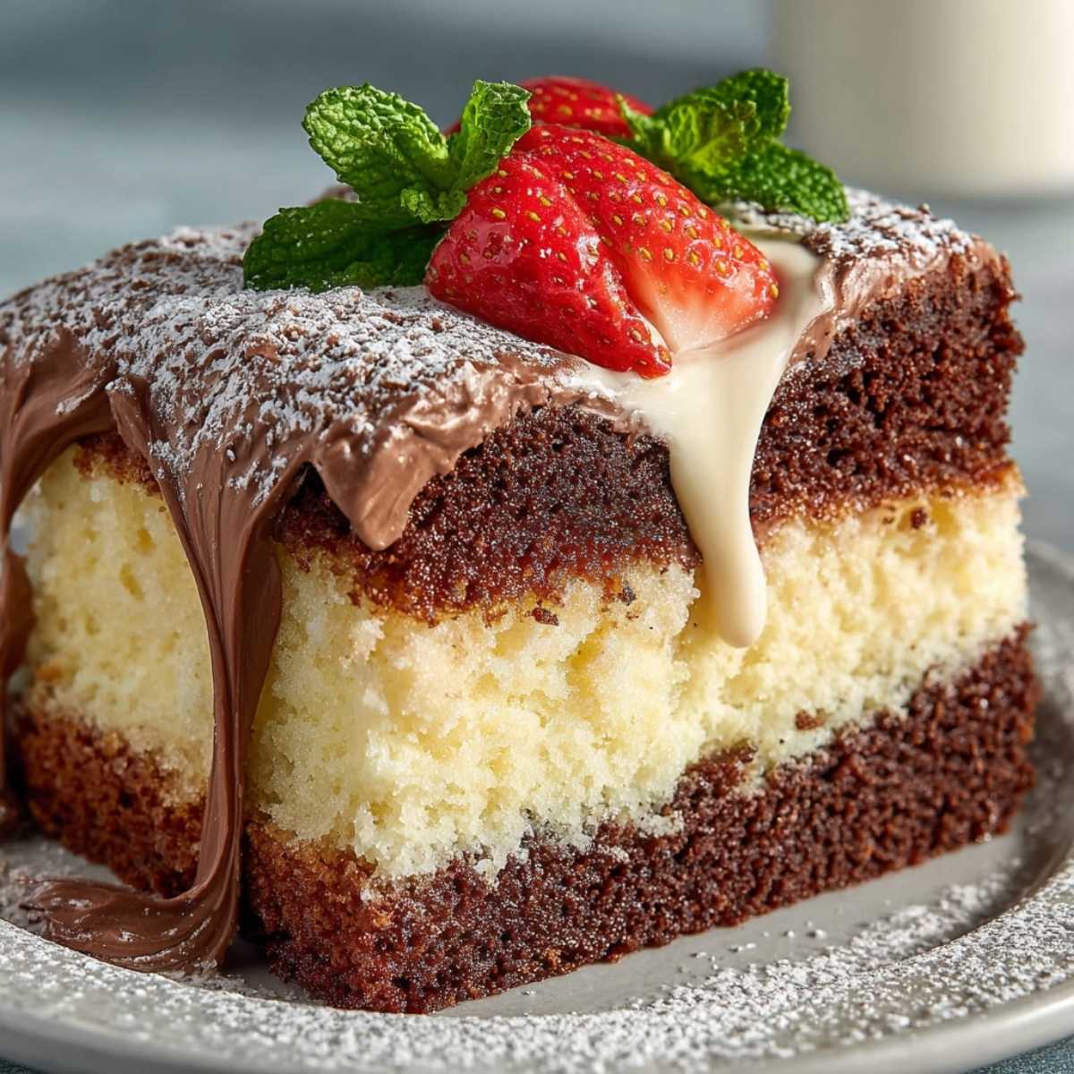 A slice of Italian Love Cake on a gray plate, showcasing its distinct chocolate cake, ricotta, and pudding layers, garnished with a strawberry and mint.