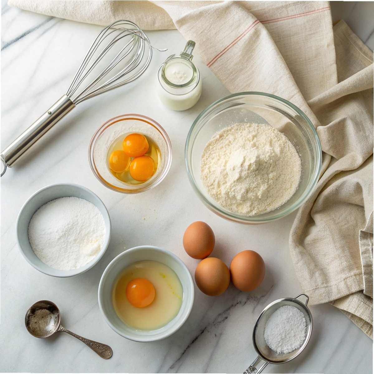 Ingredients for Japanese Soufflé Pancakes including eggs, flour, milk, and sugar arranged on a modern marble surface.  