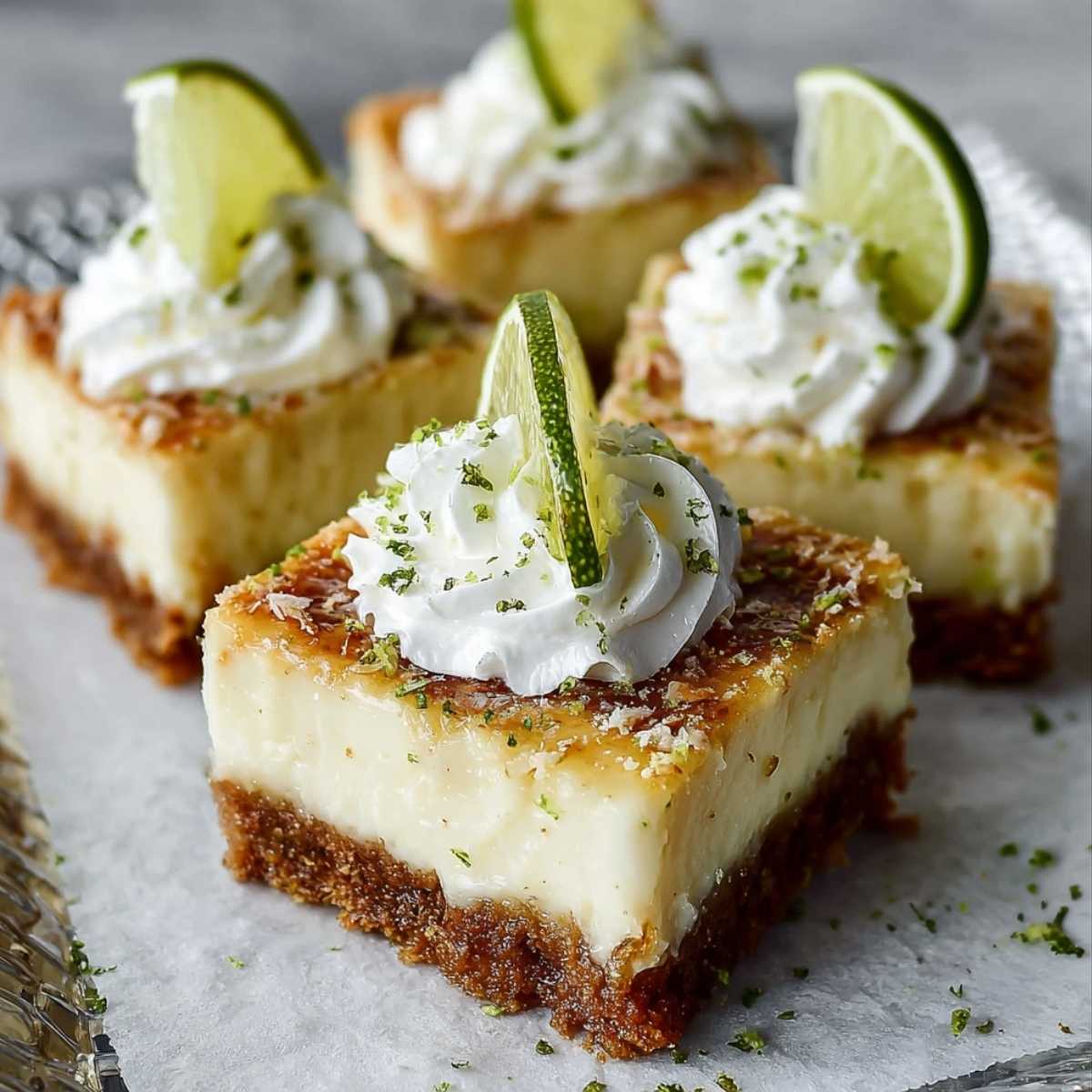 Key Lime Pie Bars on a modern metal tray, showcasing their creamy light yellow filling, golden brown graham cracker crust, and fresh lime garnish