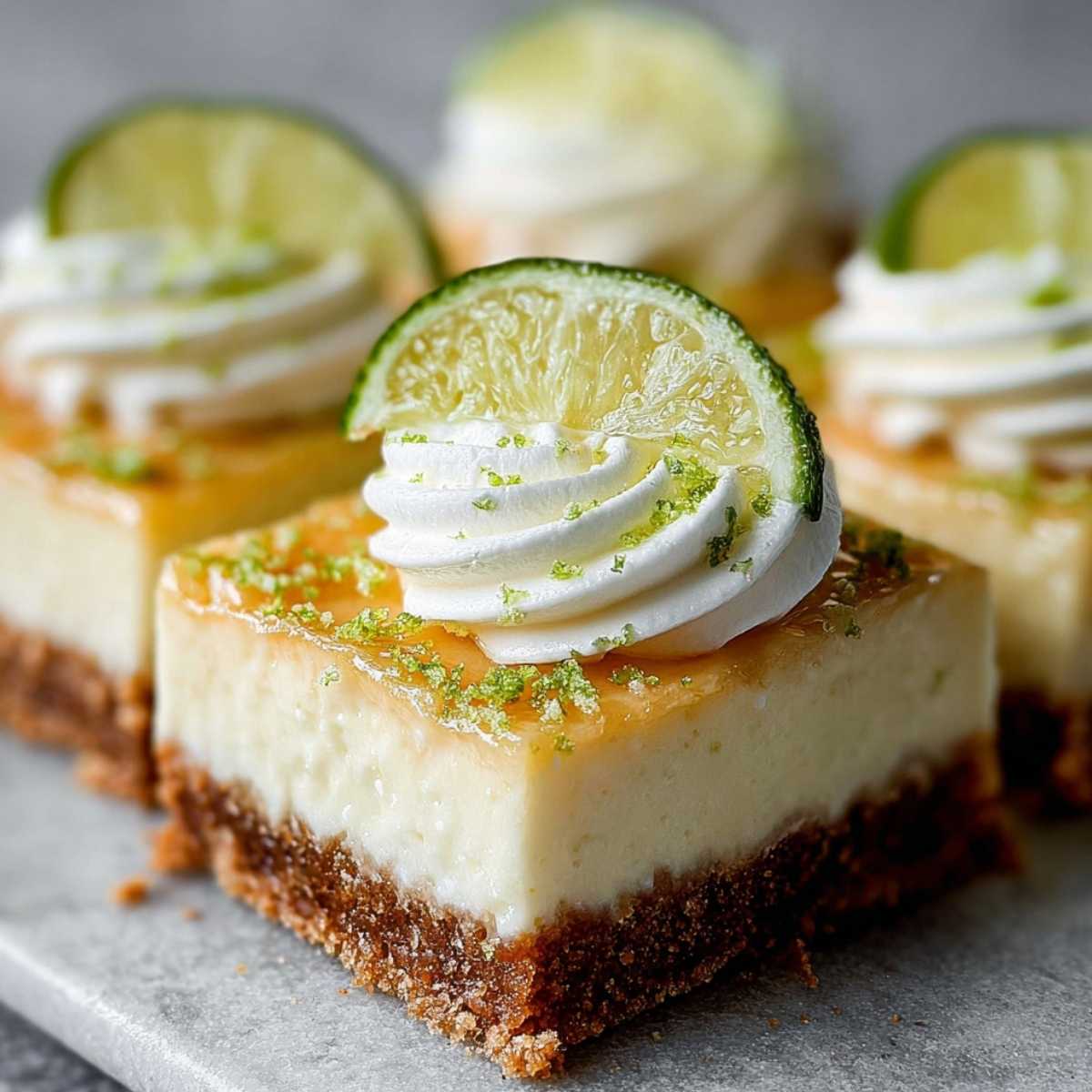 Close-up of a Key Lime Pie Bar showing the creamy filling and crumbly graham cracker crust, garnished with whipped cream and fresh lime zest on a grey stone slab.
