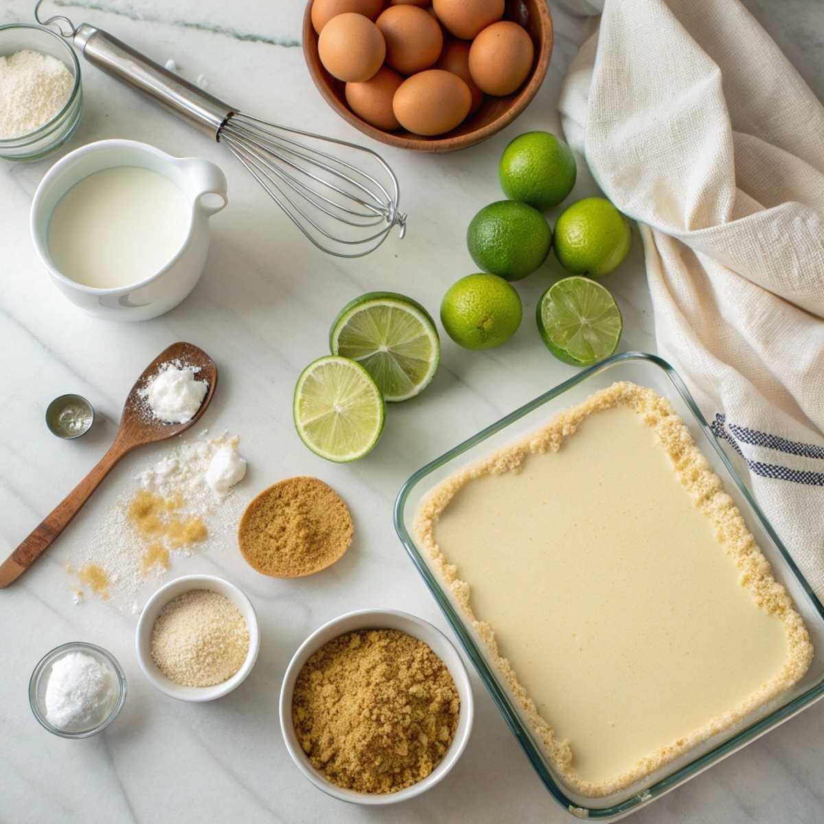 Fresh ingredients for Key Lime Pie Bars including key limes, sweetened condensed milk, graham cracker crumbs, and eggs arranged on a modern marble surface.