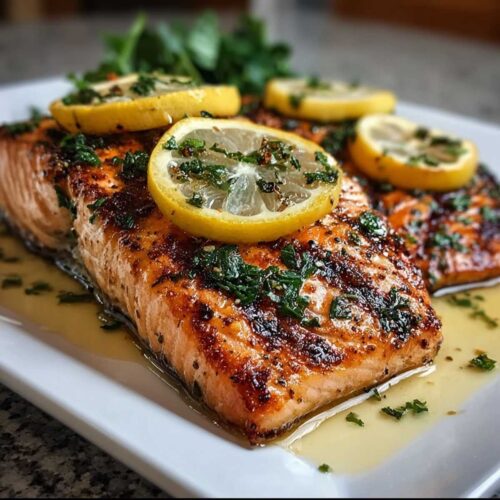 Close-up of Lemon Grilled Salmon showing flaky texture and glistening lemon garlic butter sauce, garnished with fresh parsley and lemon slices on a white platter