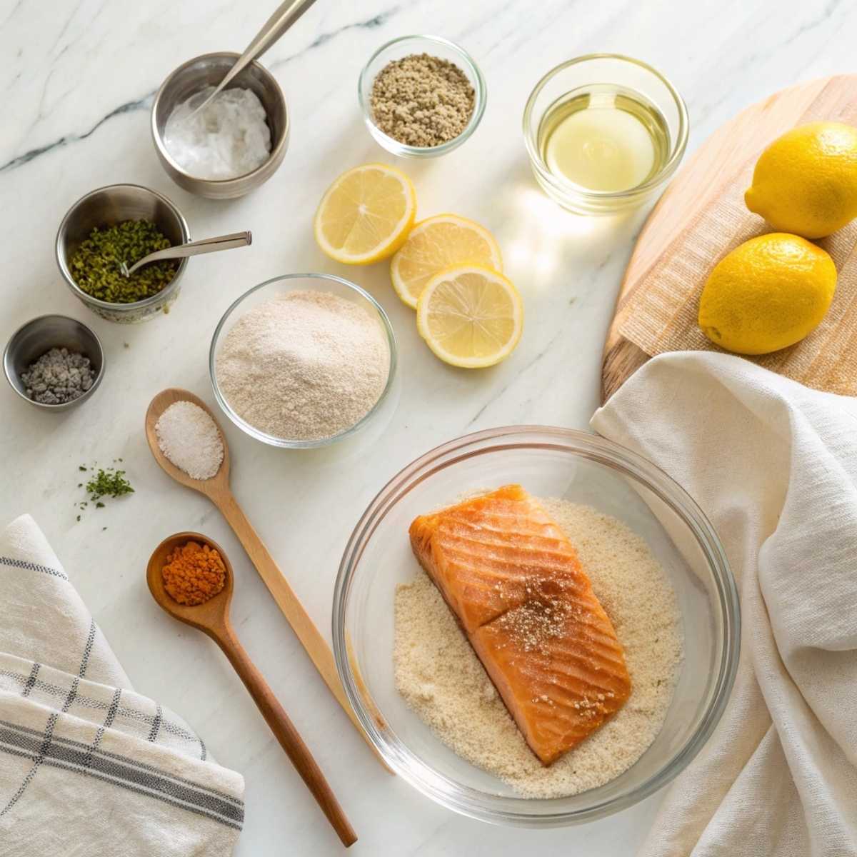Fresh ingredients for Lemon Grilled Salmon including salmon fillets, lemons, fresh dill, and garlic arranged on a modern marble surface