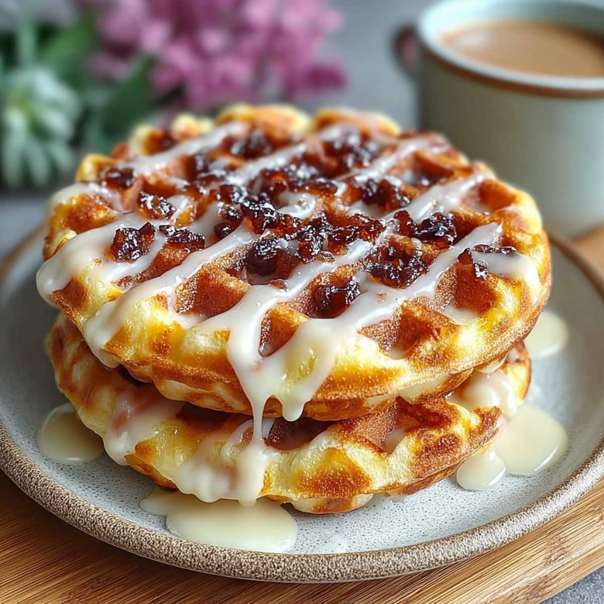 Close-up of a Low Carb Donut Chaffle with a golden texture and thick white glaze, garnished with a sweet topping on a ceramic plate