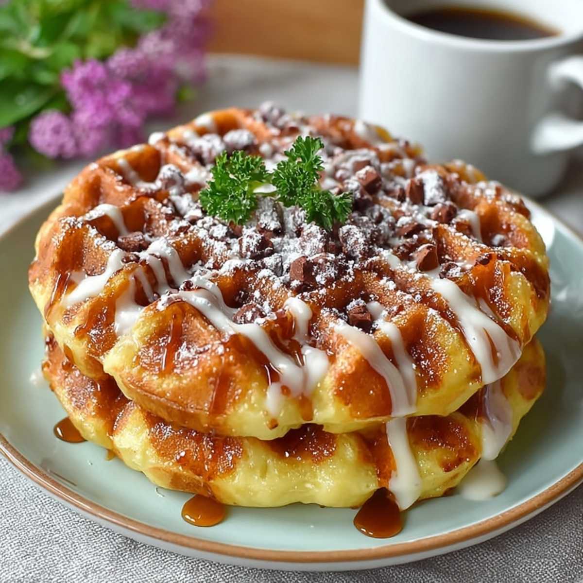 Stack of two Low Carb Donut Chaffles on a plate, showcasing a golden texture with sugar-free glaze and chocolate shavings