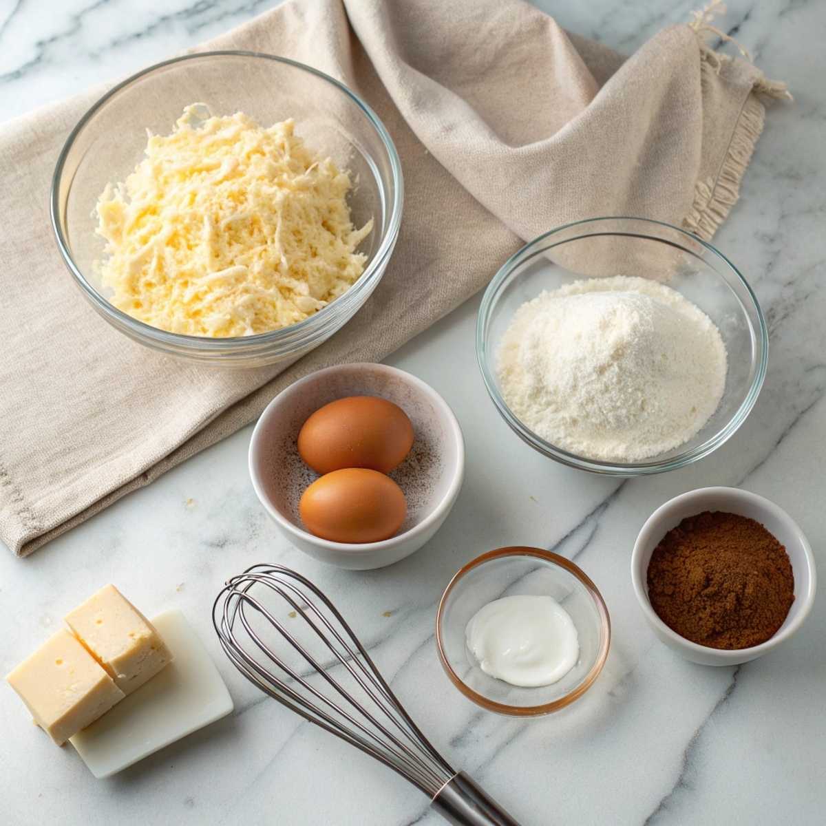 Ingredients for Low Carb Donut Chaffles including mozzarella cheese, almond flour, and cream cheese laid out on a marble surface.