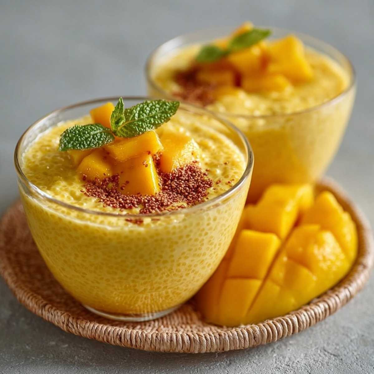 Two glass bowls of creamy Mango Sago on a grey surface, showcasing its vibrant yellow texture and garnished with fresh diced mango and mint.