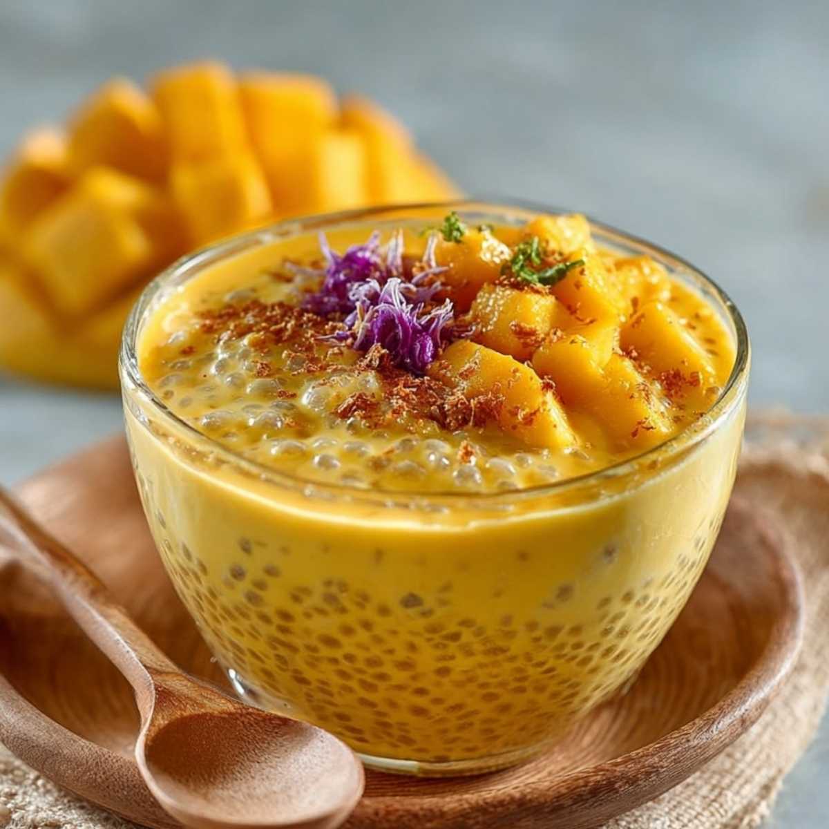 Close-up of Mango Sago in a glass bowl showing its creamy texture with sago pearls and golden color, garnished with diced mango on a wooden plate.