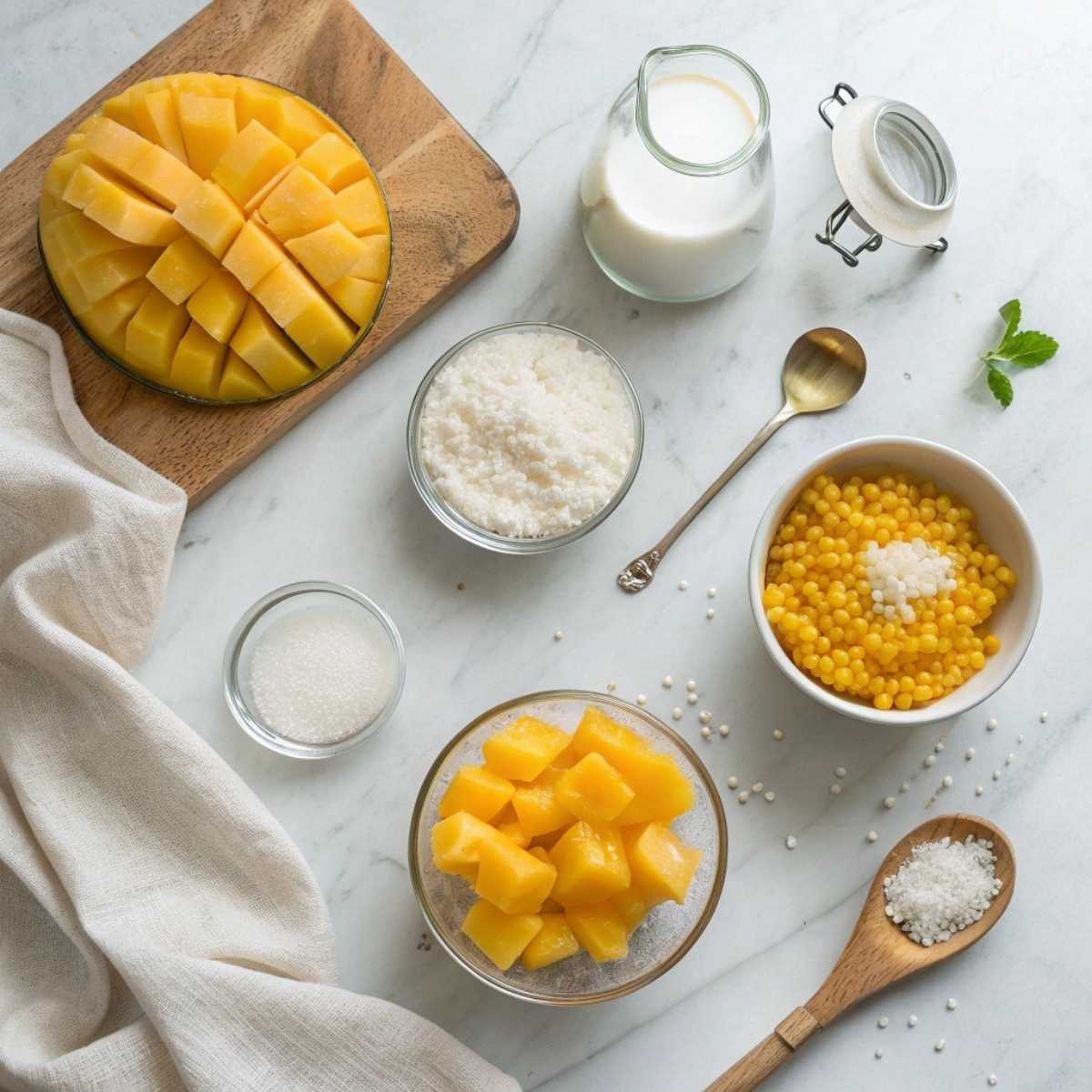 Fresh ingredients for Mango Sago including ripe mangoes, coconut milk, and small tapioca pearls arranged on a modern marble surface.