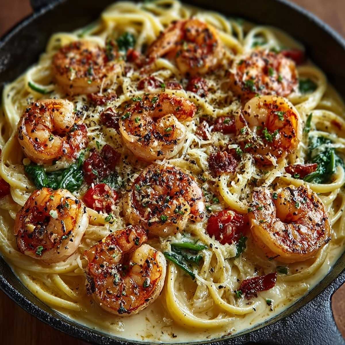 Marry Me Shrimp Pasta in a black skillet, showcasing its creamy sauce, plump seasoned shrimp, and scattered sun-dried tomatoes