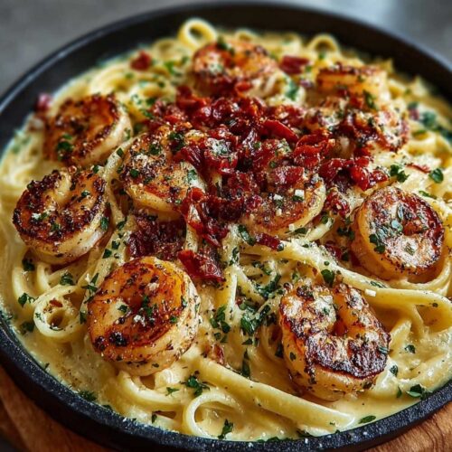 Close-up of Marry Me Shrimp Pasta showing creamy linguine, seared shrimp, and sun-dried tomatoes, garnished with fresh parsley