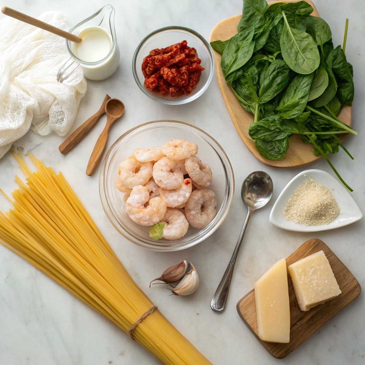 Ingredients for Marry Me Shrimp Pasta including raw shrimp, sun-dried tomatoes, and heavy cream arranged on a light marble surface