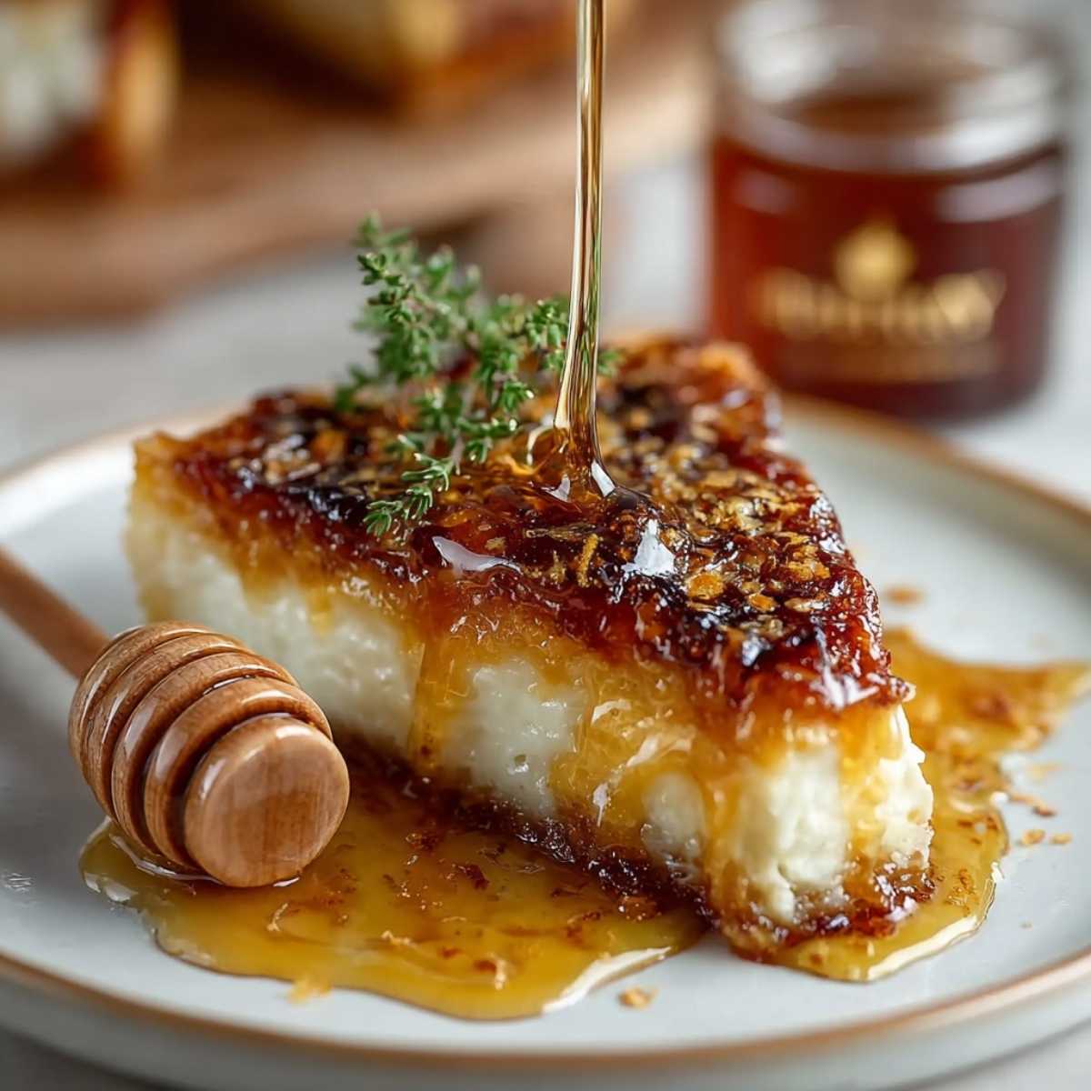 Slice of Melopita Greek Honey on a plate, with a golden honey drizzle highlighting its creamy ricotta base and lemon zest topping