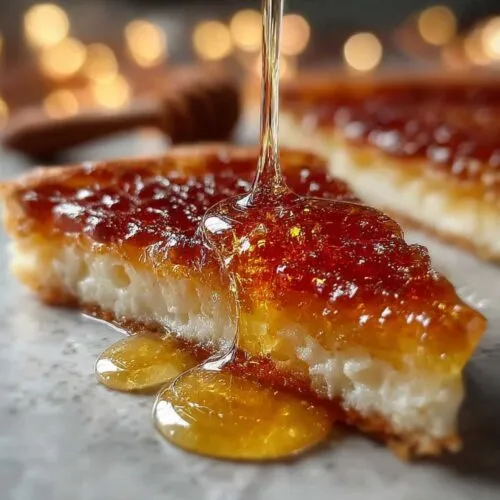 Close-up of Melopita Greek Honey showing the silky white ricotta texture and a deep golden honey topping on a marble surface
