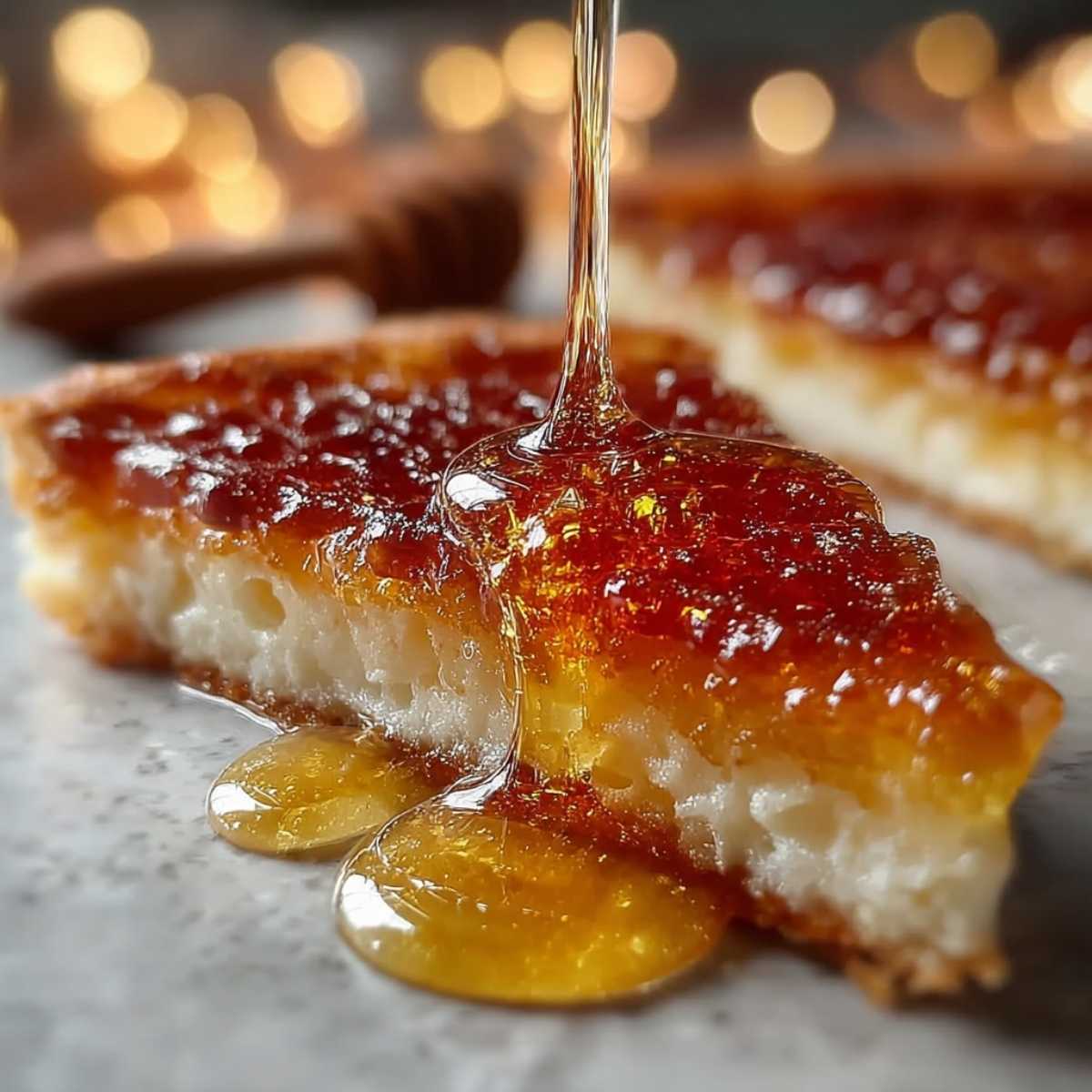 Close-up of Melopita Greek Honey showing the silky white ricotta texture and a deep golden honey topping on a marble surface