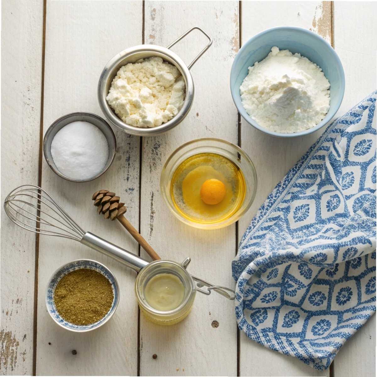Fresh ingredients for Melopita Greek Honey including ricotta cheese, Greek honey, eggs, and lemon arranged on a rustic wood surface.